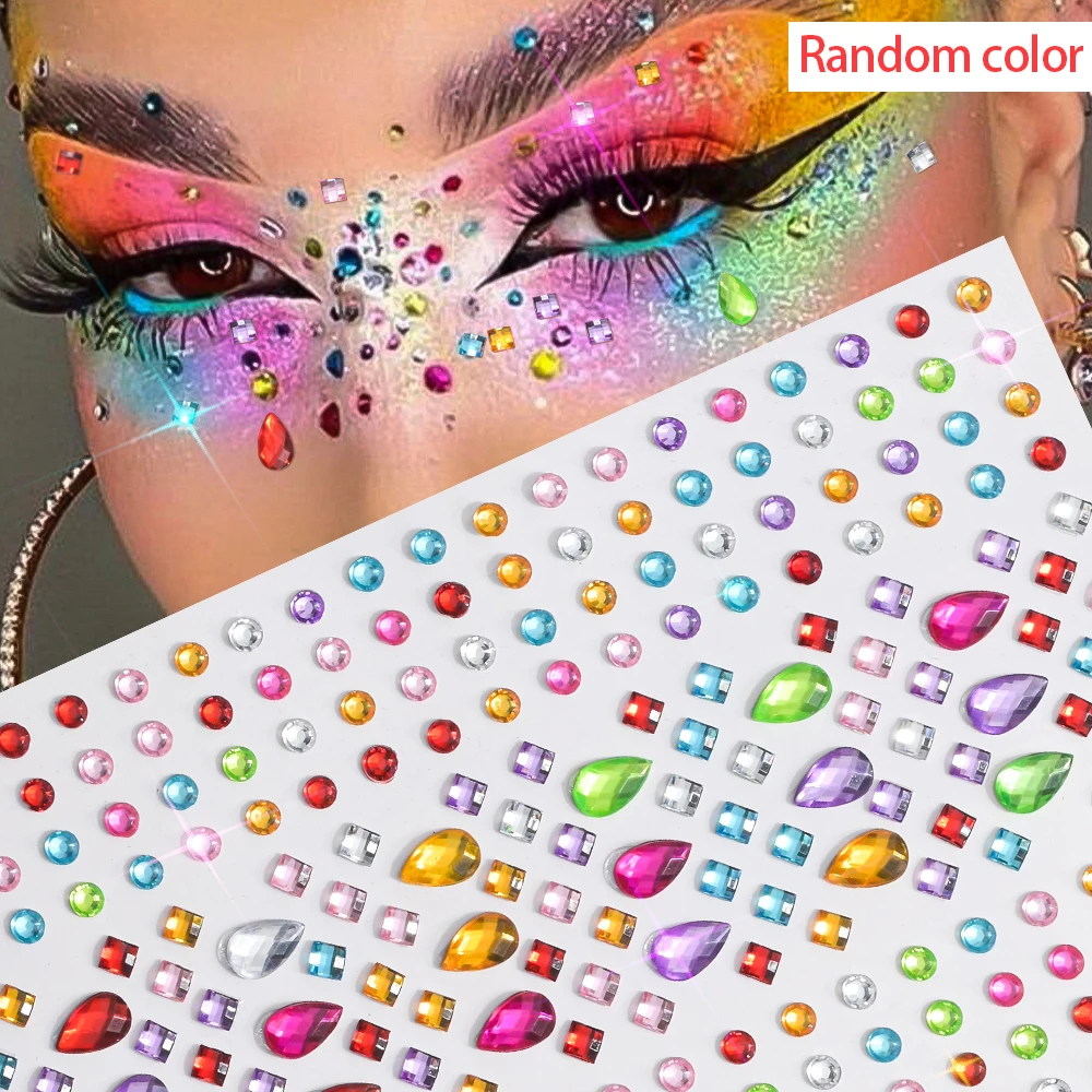 

1Sheet Bohemian Style Rhinestone Face Stickers Shimmer Crystal Body Gems DIY Square & Teardrop Adhesive Gifts For Music Festival