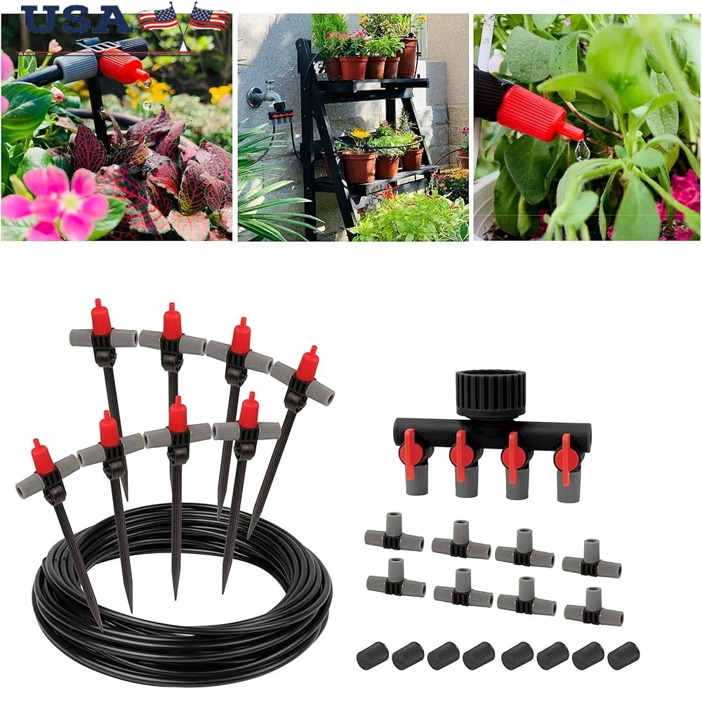 

Micro Drip Irrigation System Kit Adjustable Emitter Flexible Tubing Watering Nozzles Garden Plant Care 30ft Tubing 4 Zone