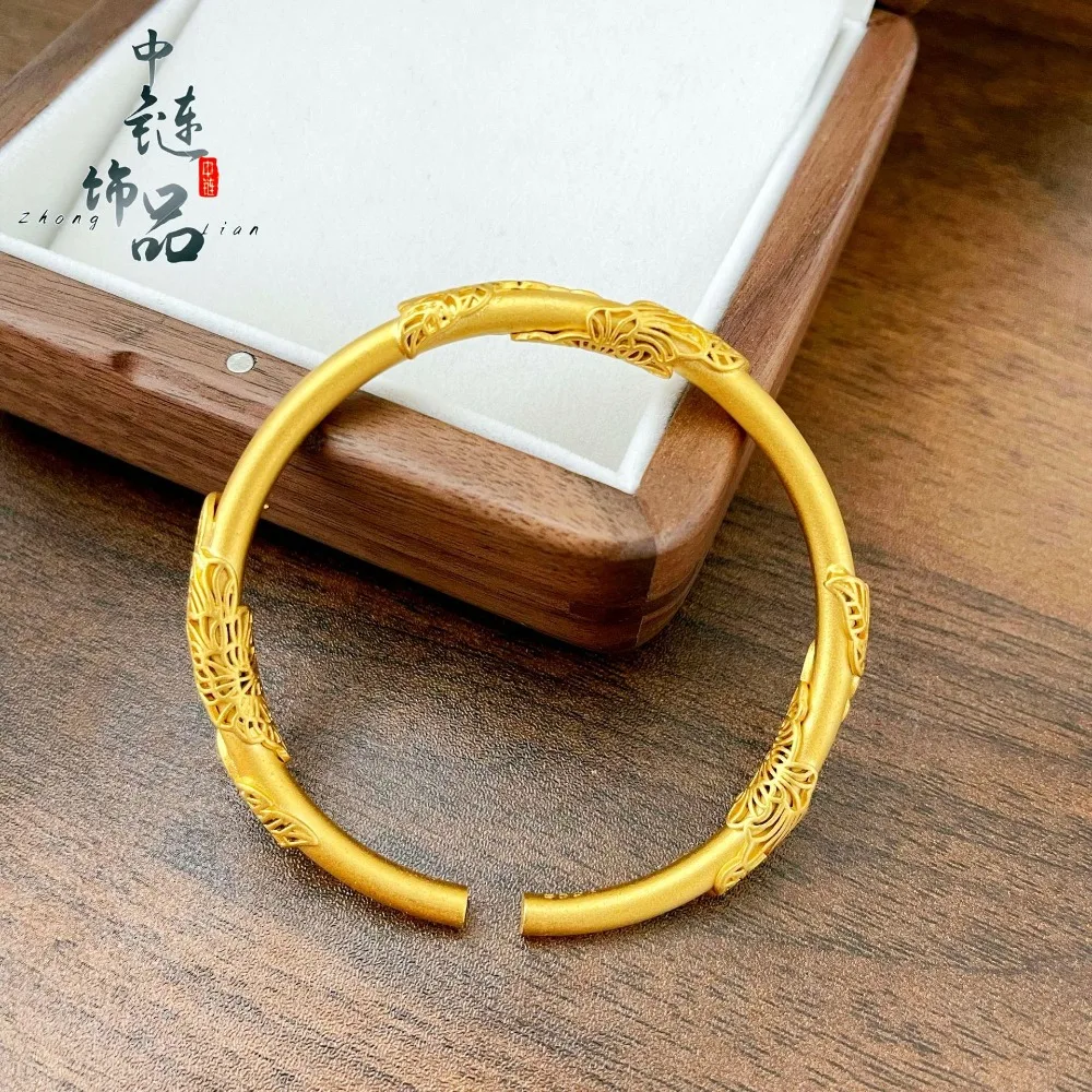 Pulsera vintage de caña de acacia con hojas para mujer, oro 9999