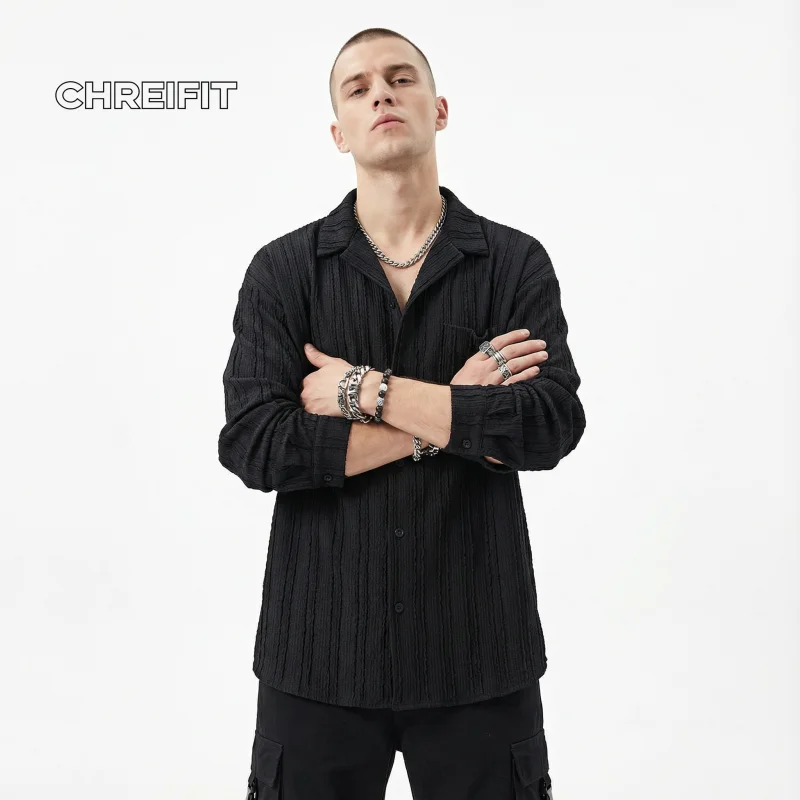 

CHREIFIT Men's Black Knit Shirt Jacket Oversized Long Sleeve Ribbed Cardigan Casual Streetwear Top for Spring and Autumn 2026