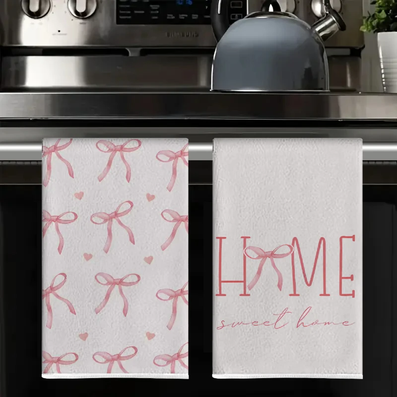 2Pcs, Pink Bowknot Home Kitchen Towels, 40Cm*60Cm Towel Set, Super Absorbent Soft Cleaning Cloth, Cooking and Baking Tea Towel, Hand Towel, Cleaning Cloth, Dishcloth, Kitchen Decoration, Living Room Decorations, Kitchen Essentials, Home Essentials