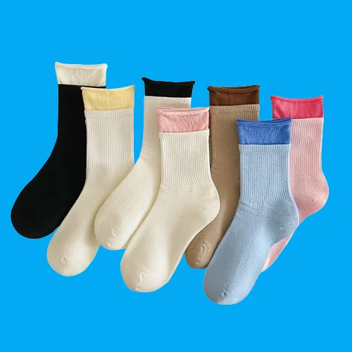 

3/6 Pairs Women's Fake Two-piece Middle-tube Socks 2024 New Japanese Color Matching Korean Trendy Socks Double Cuff Socks