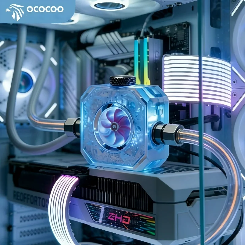 OCOCOO 5V ARGB Square Flow Meter Crystal Acrylic PC Water Cooling Indicator G1/4 Thread Impeller Gaming Computer DIY