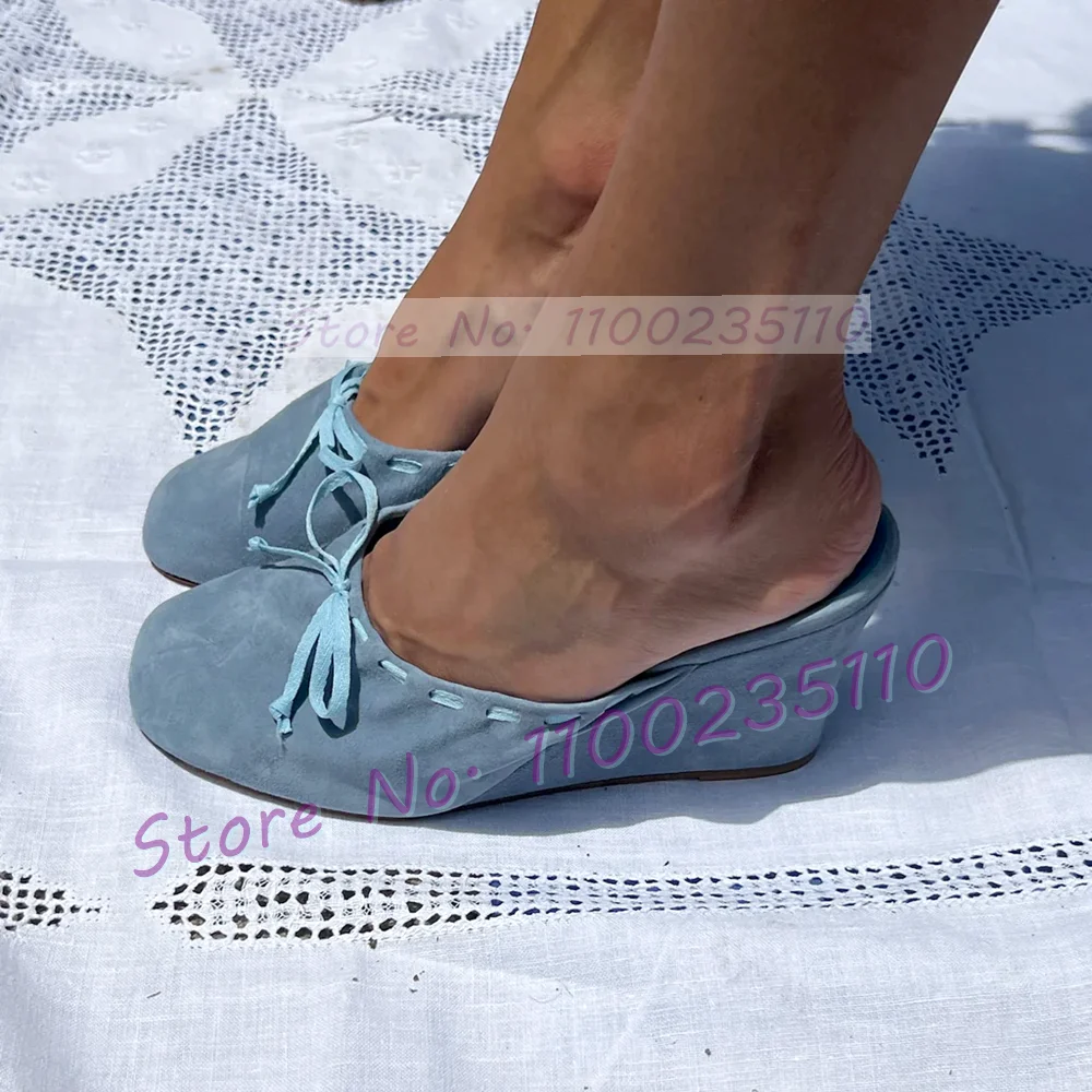 

Blue Suede Round Toe Wedge Mules Ladies Elegant Bow Decal Summer Sewing Trim Outdoor Slippers Party Pull On Concise Shoes