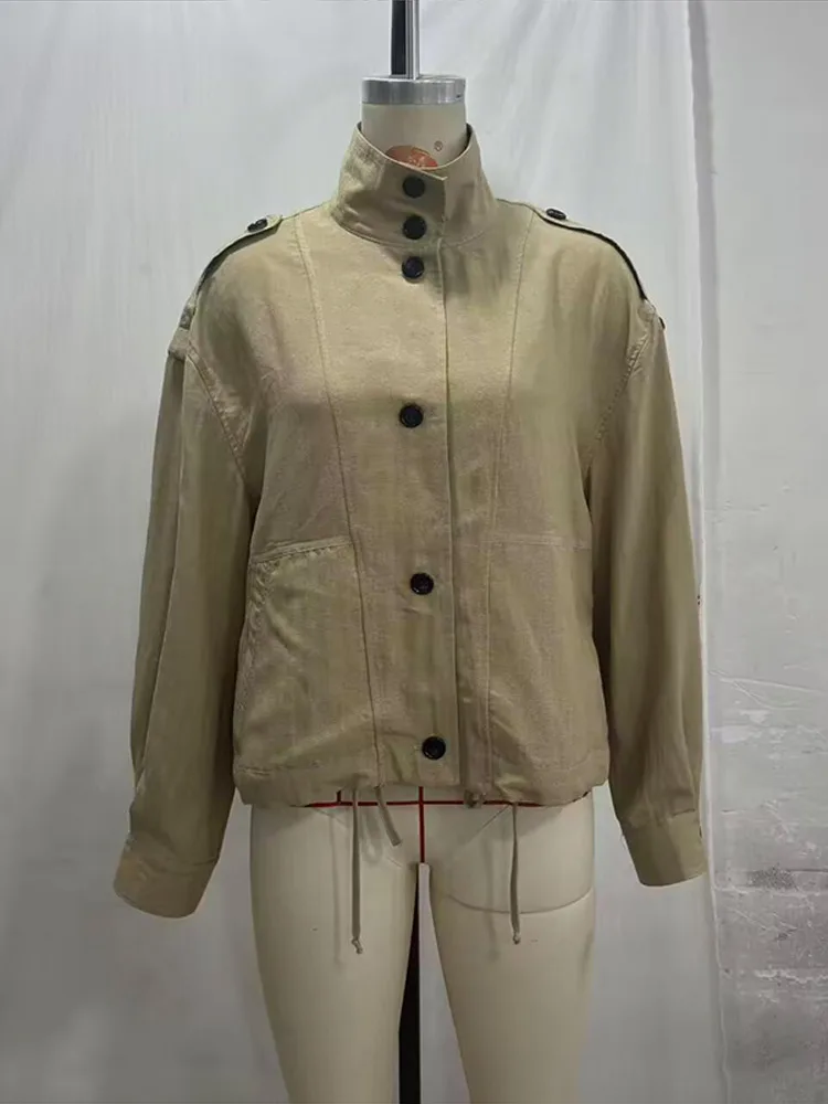 Stehkragen-Knopfjacke mit Kordelzug für Damen, Street-Style mit Epauletten, Langarm, Einreihig, Locker Geschnittene Jacke, Schicke Damenoberbekleidung, Neue Outerwear – Detail 3