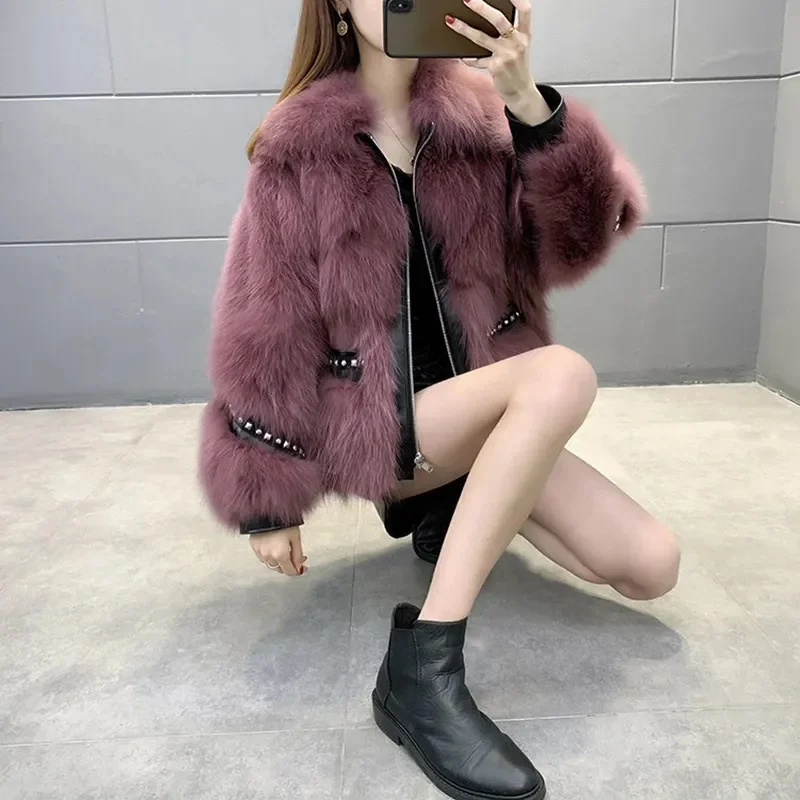 Korean Fashion Short Fur Coat Women\'s Riveted Bat Sleeve Fur One Piece Coats 2023 Autumn And Winter New Ladies Fur Overcoat