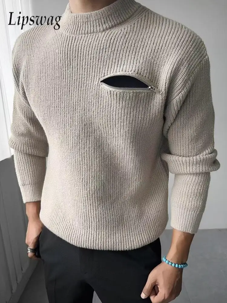 

Стильные мужские приталенные свитера, повседневные однотонные свитера с воротником-стойкой, мужской трикотаж, осенне-зимний винтажный джемпер на молнии, топы