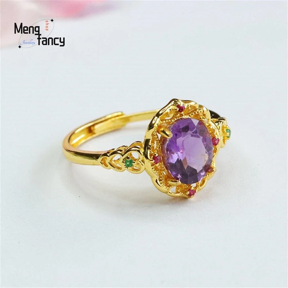 Natural Amethyst Simple Exquisite Ring Coloured Gemstone High-grade Elegant Luxury Fashion Jewellery Couple Promise Holiday Gift