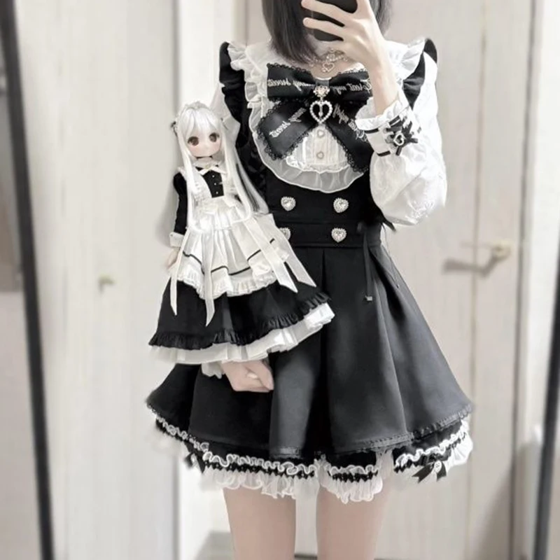 Robe patchwork Lolita, ensemble 2 pièces: robe à manches longues et col Peter Pan avec nœud doux et jupe Perppy en dentelle à volants taille haute