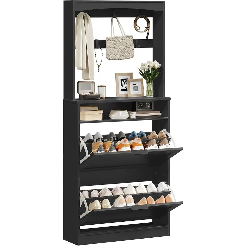 Double-Function Tall Shoe Cabinet with Lip, Coat Rack, and Open Shelves, Black Entryway Storage Organizer