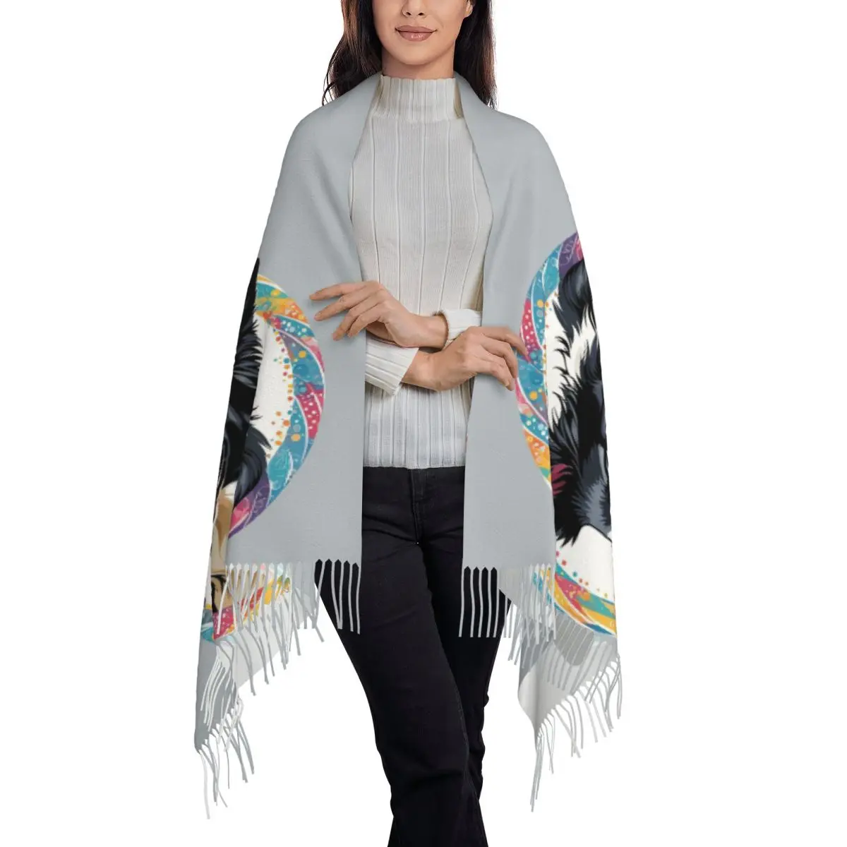 Border Collie Scarf Tassel Scarves for Women Soft Warm Shawls and Wraps Long Fall Winter Shawl Wrap