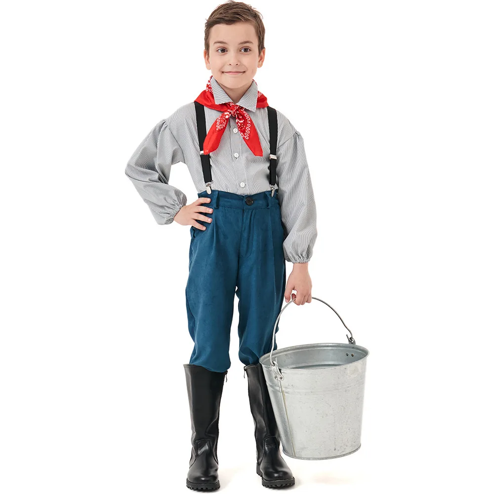

European and American Halloween children's role-playing: Colonial farm boy costume, black striped overalls for boys
