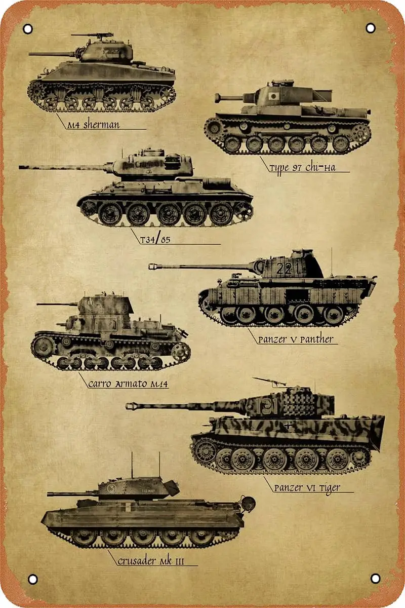 WWII Tanks Poster Retro Tin Sign Vintage Look Metal Sign for Military Fans Man Cave Garage Home Wall Decor Gift