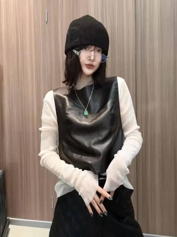 

2025 New Sle Women's Leather Crop Top eepskin Svel Vest Slimming Versatile Casual Wear Zipper Closure ort Length