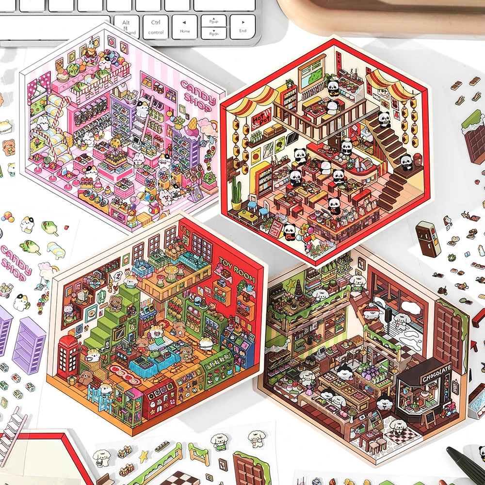 Kawaii  3D Candy House DIY Landscape Sticker Pocket Cabin Scene Stacking Pasting Festival Birthday Gift for Kid Child ﻿