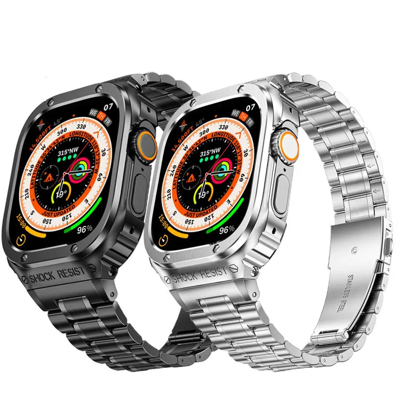 

Ремешок для часов из нержавеющей стали с тремя бусинами для Apple Watch Series 9 8 7 SE 6 5 4, металлический ремешок + защитный чехол для iWatch Band 44 мм 45 мм