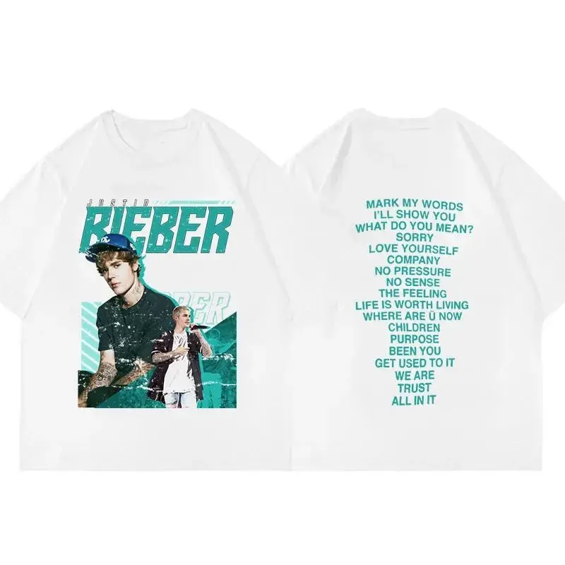 Justin Bieber European and American Pop Singer Portrait Double-sided Print T-shirt for Men Women Cotton Loose Short Sleeved