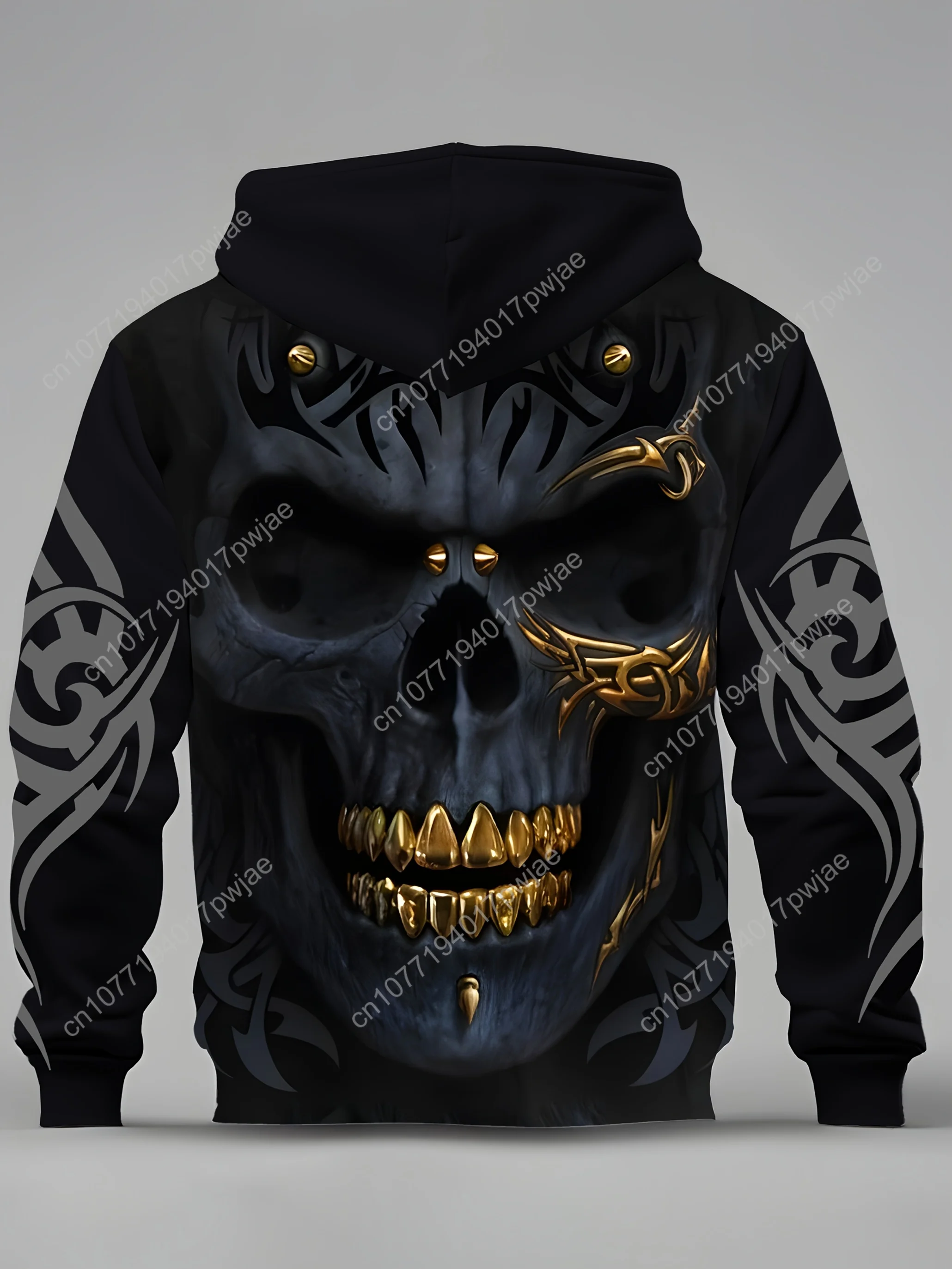 Sudaderas con capucha para hombre de talla grande - Sudadera con capucha con estampado de calavera 3D y bolsillo con cremallera, ajuste regular, sudadera con cuello con capucha con estampado completo - 1 pieza, Po