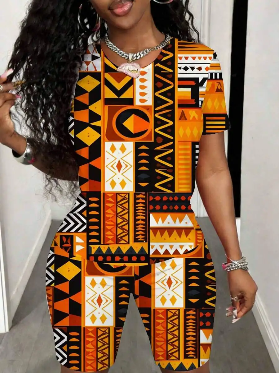 

Womens Two Piece Short Set Orange Black Geometric Print T-Shirt And Shorts Bohemian Athleisure Outfit