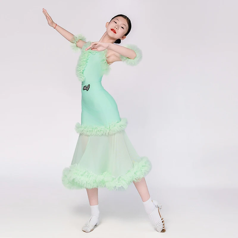 

2025 Green Standard Dance Dress Girls Ballroom Tango Dancing Stage Wear Summer Sling Dress Skirt Kids Competition Dancewear 3693