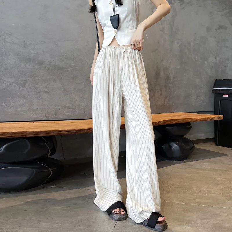 2025 Summer New Ice Silk Linen Pants Women's Wide-leg Pants