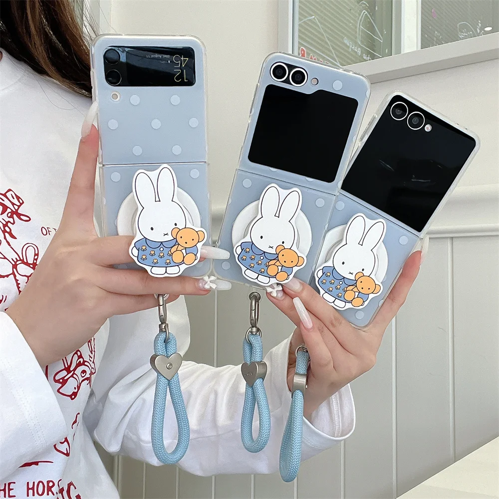 

Ins Polka Dot Magnetic Phone Case for Samsung Galaxy Z Flip7 6 5 4 3 Flip5 Flip6 7 FE Cover With Magsafe Miffy Rabbit Stand Case