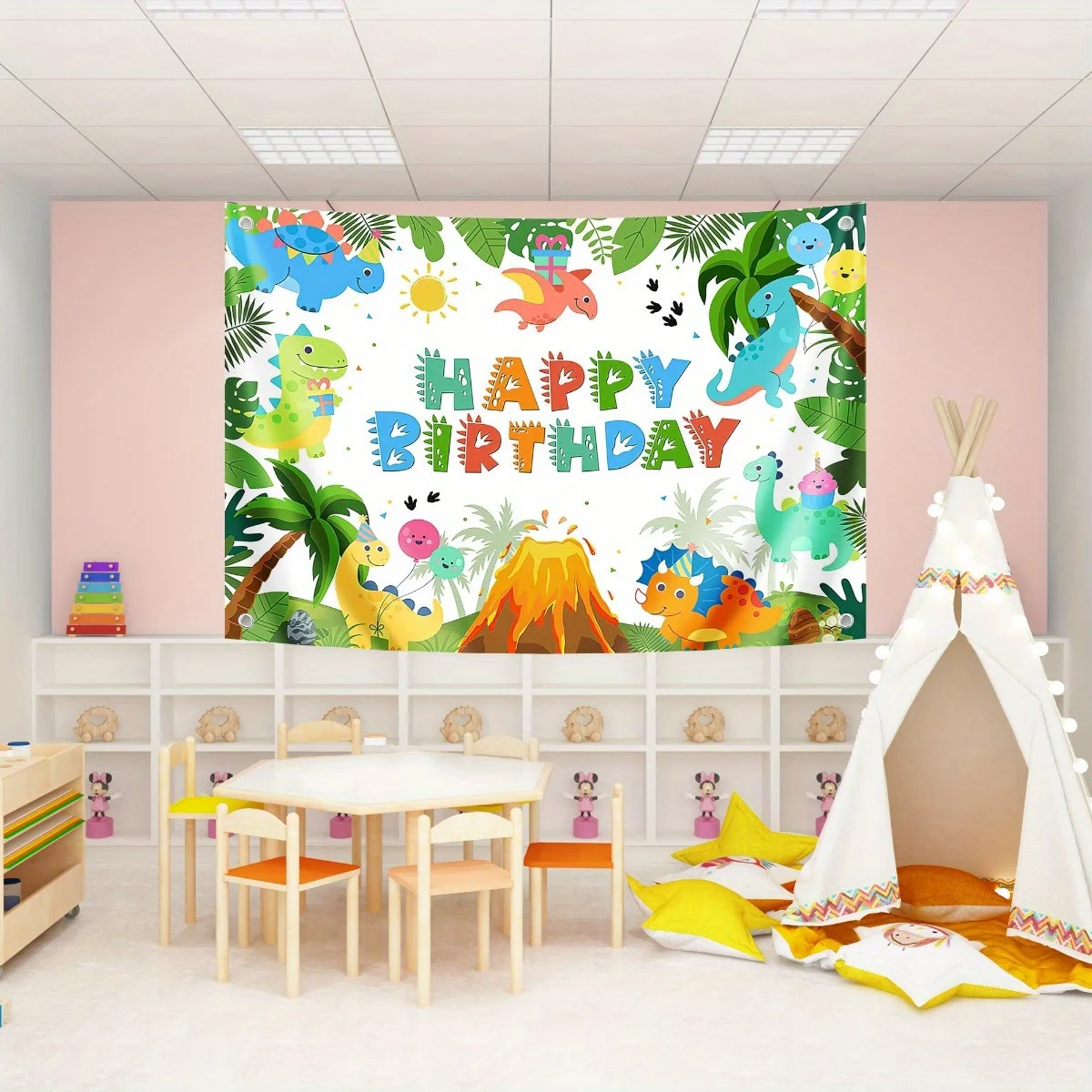 Cartoon Dinosaur Jungle Balloon Cake Volcano Pattern Backdrop - Perfect for Birthday Parties and Outdoor Photography