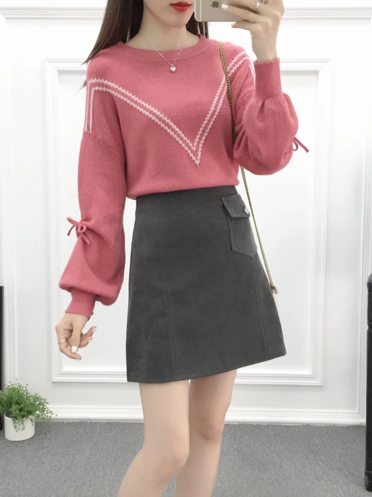 

Женский осенне-зимний новый комплект из двух предметов с круглым вырезом, простой теплый возрастной свитер, однотонный комплект с юбкой А-силуэта