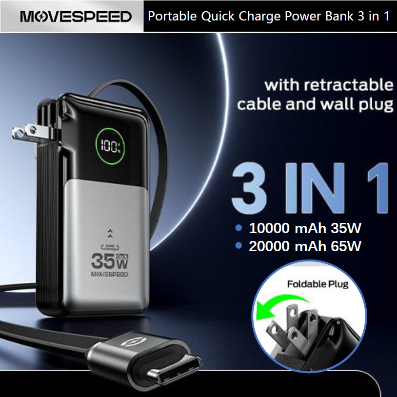 MOVESPEED | Sạc Dự Phòng 10000mAh 35W Có Dây Cắm Gập Lại 3 Trong 1 Sạc Nhanh Cho iPhone 16 iPad Pro 11 S24 Ultra Switch Mini Di Động