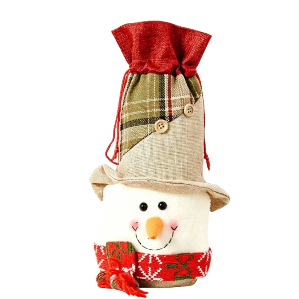 Rustic Linen Wine Bottle Cover Christmas Plaid Design with Santa Snowman Reindeer Print for Seasonal Table Decor