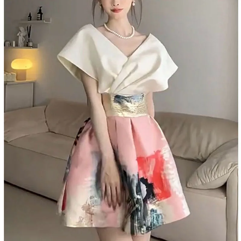 

French Advanced Sense Temperament A Socialite Delicate Patchwork High Waist Summer 2024 New Women Off Shoulder Printing Dress