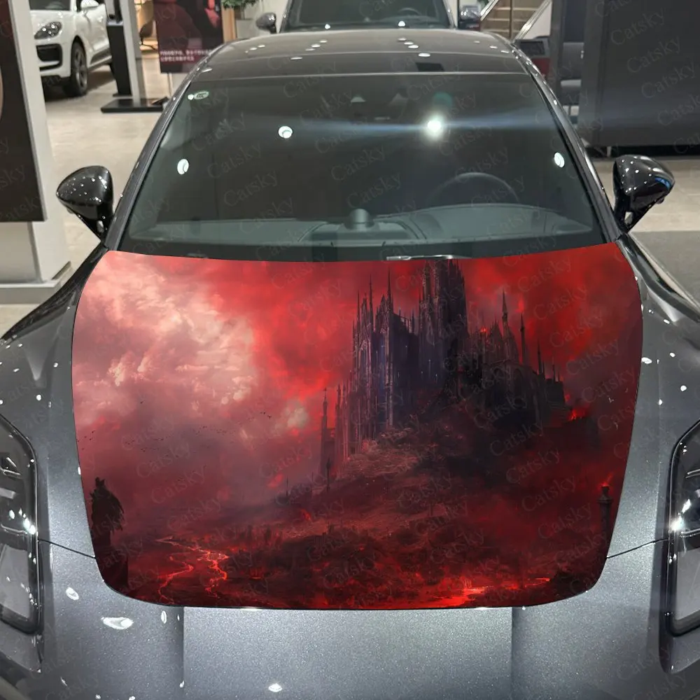 

Fiery Red Castle Car Hood Stickers - Self-Adhesive, Waterproof and Durable Vinyl Wrap, Decorate And Protect Your Car - The Gift