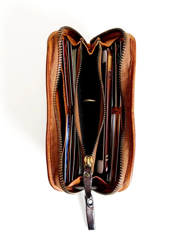 Casual vintage designer handmade genuine leather men's large-capacity long wallet luxury real cow leather phone clutch bag