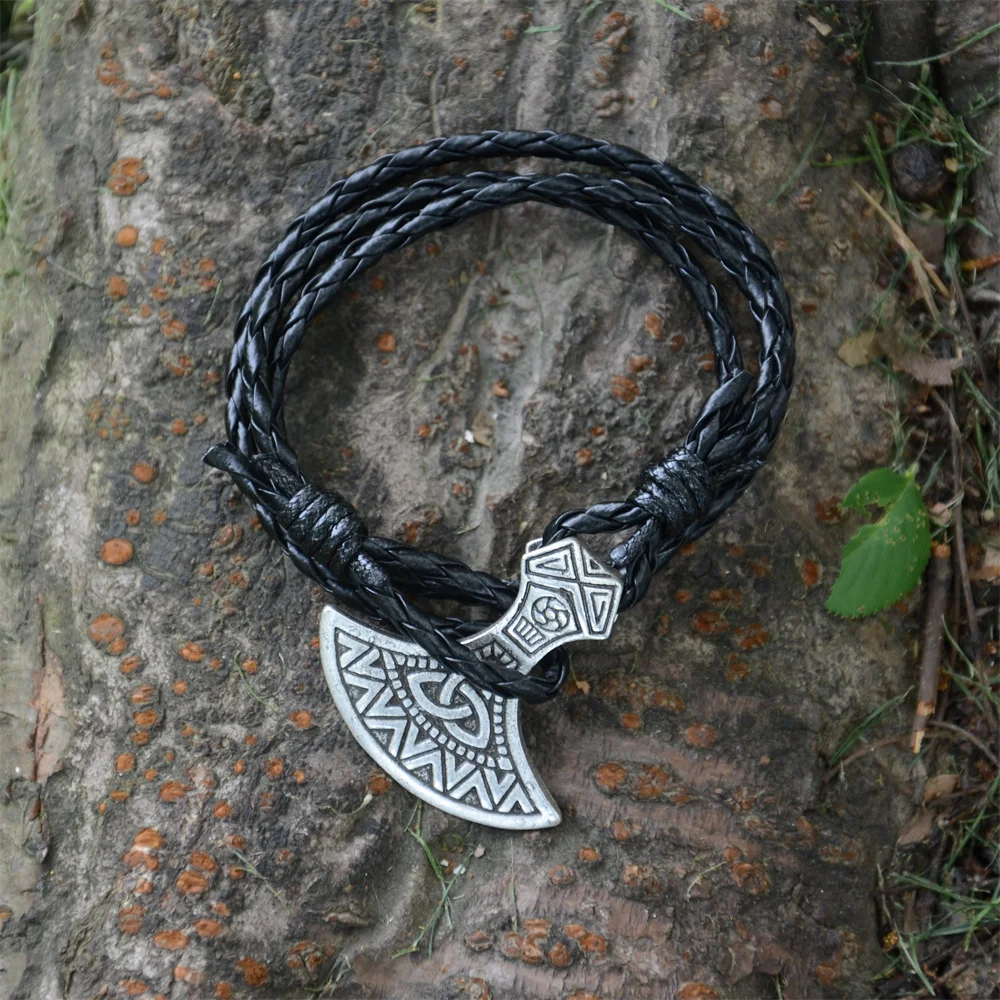 Nostalgia Viking Axe Charm Slavic Kolovrat Amulet Accessories Leather Bracelet Mens Jewellery