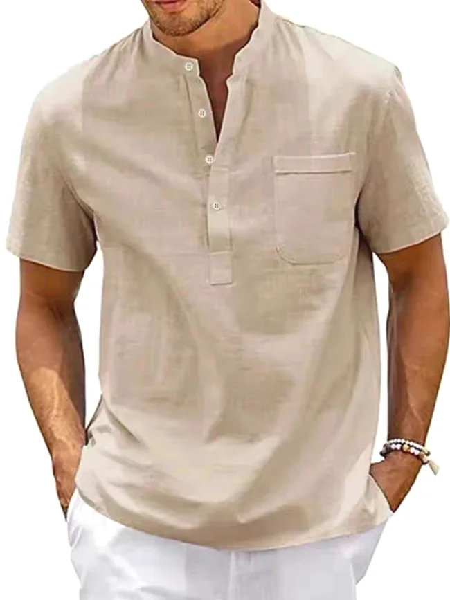 

Мужская одежда Slim Fit из хлопка и льна с открытым воротником ort Sve, дышащая рабочая одежда irt с воротником Генри, гладкая модная летняя одежда