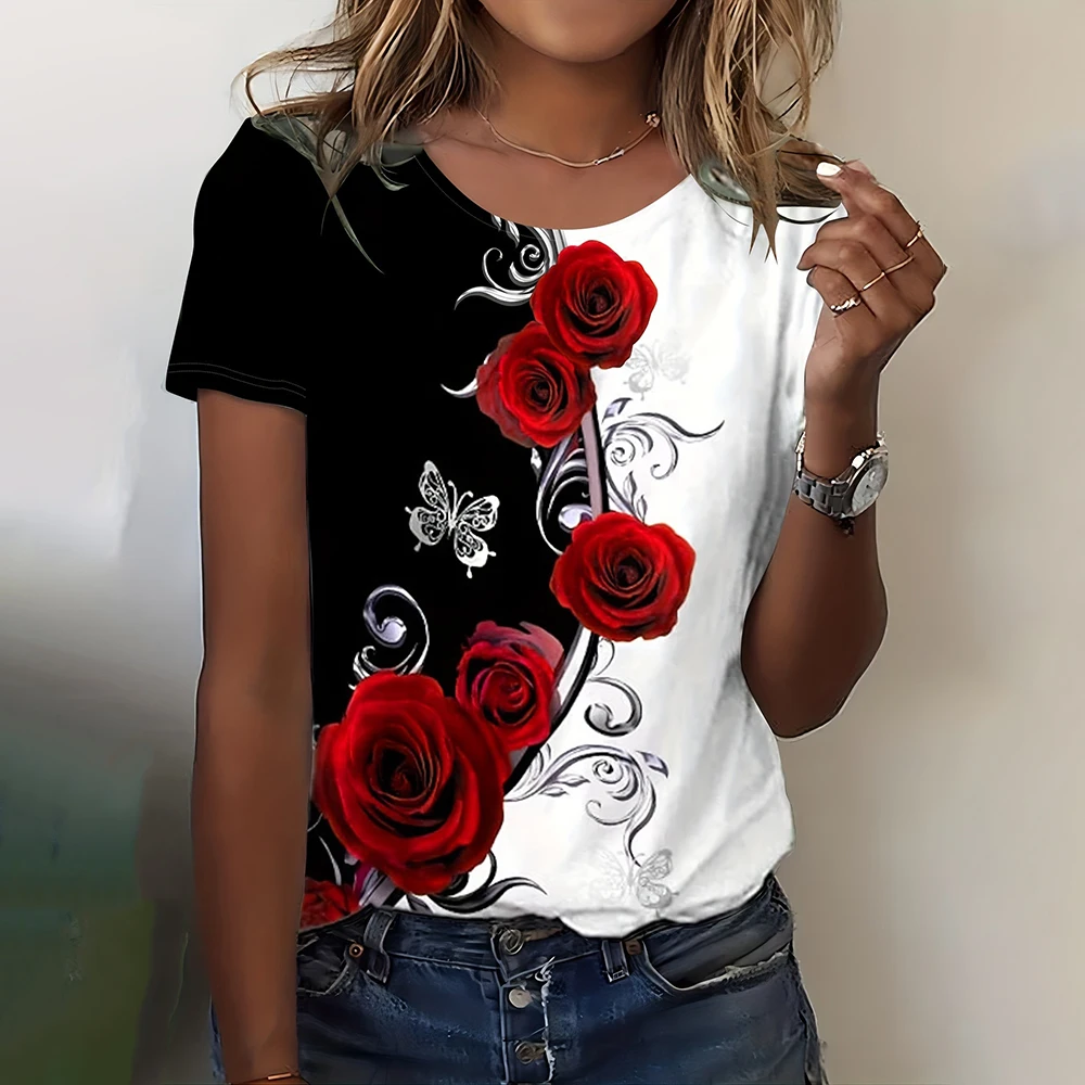 Fashion Rose Print Black And White Short Sleeves T shirt Casual O-neck Women's T-shirts Loose Women Clothing Tops Streetwear