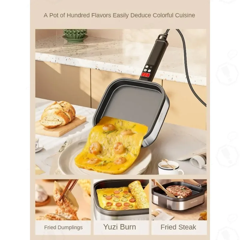 220V Non-stick Electric Skillet Egg Frying Pan with Detachable Handle for Breakfast Pancakes and Steaks