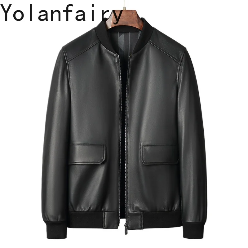 

YOLANFAIRY Real Sheepskin Leather Jackets Man Baseball Collar Casual Genuine Men Leather Jacket Coat Short Fashion Coats jaqueta