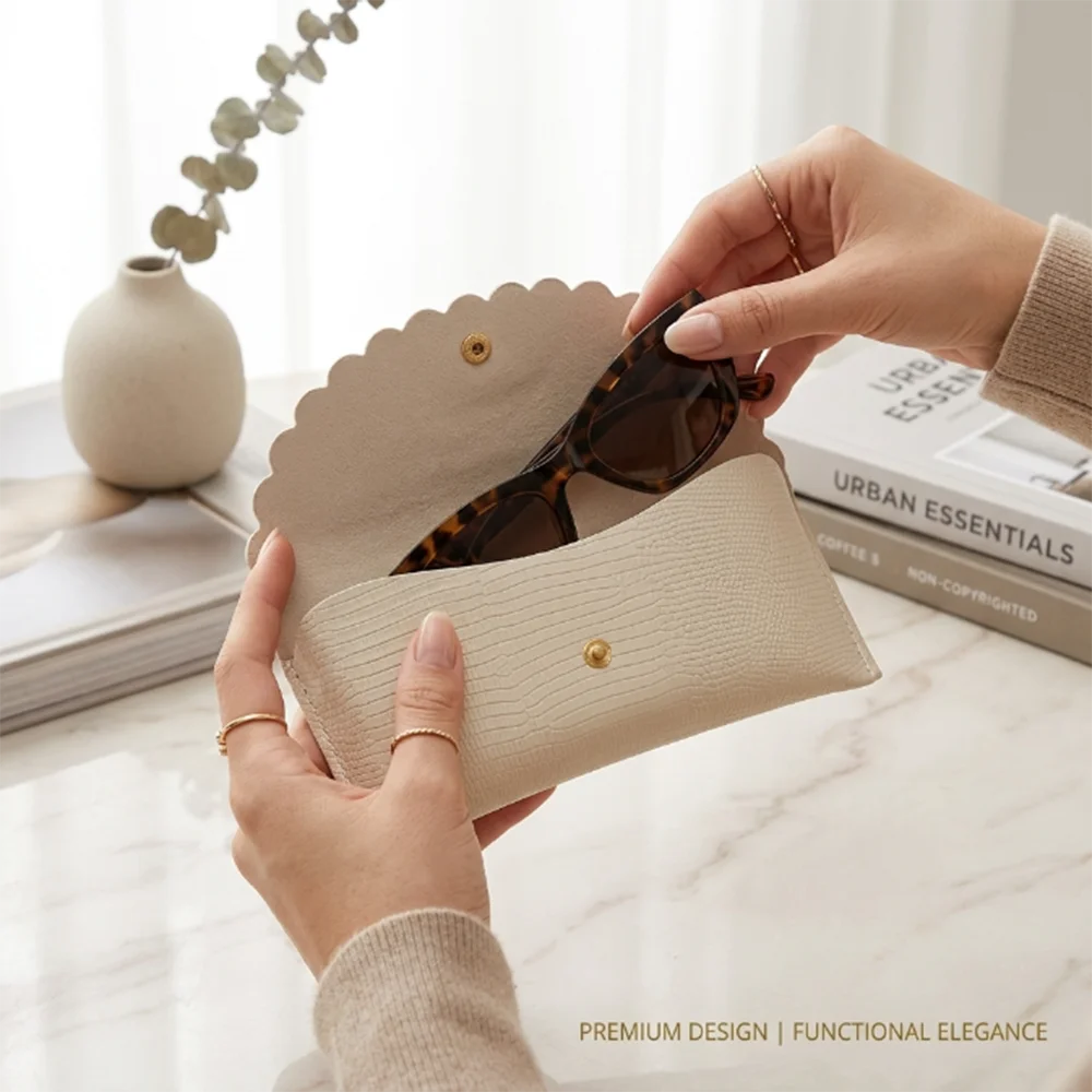 Fashion PU Leather Glasses Bag For Women Scalloped Edge Sunglasses Case Snap Button Eyewear Pouch Soft Portable Glasses Bag