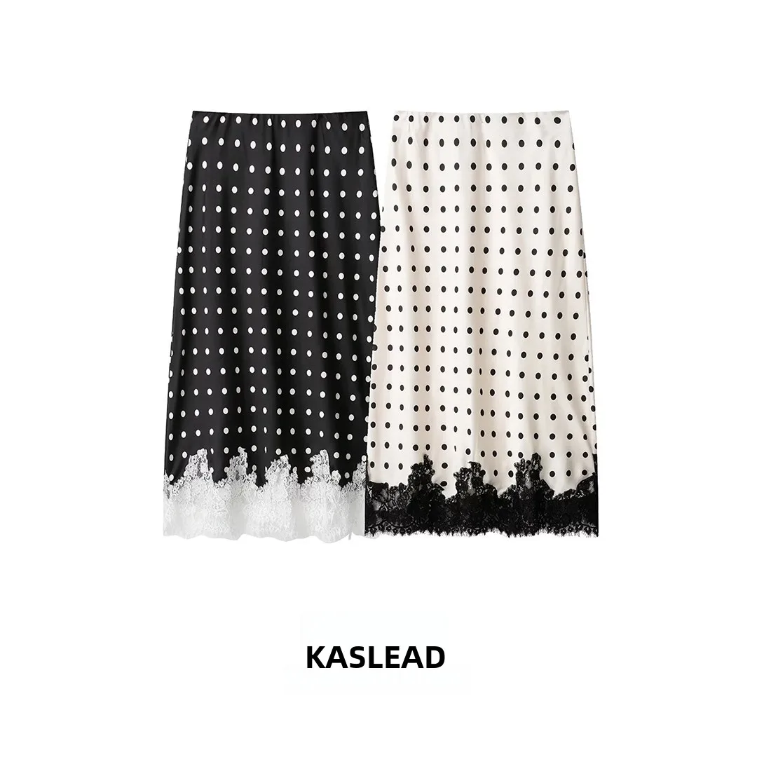 KASLEAD Retro Lace Panel Midi Skirt Women's Fashion Bell Bottom Polka Dot Drapey Half Skirt A-Line Standard Fit Polyester Fiber