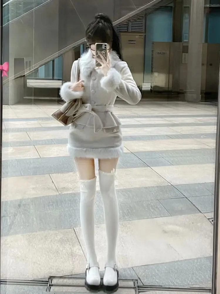Korean Elegant Princess 2 Piece Set Women Faux Fur Collar Bow Belt Slim Fit Wool Coat High Waist Bodycon Mini Skirt Winter Warm view 2