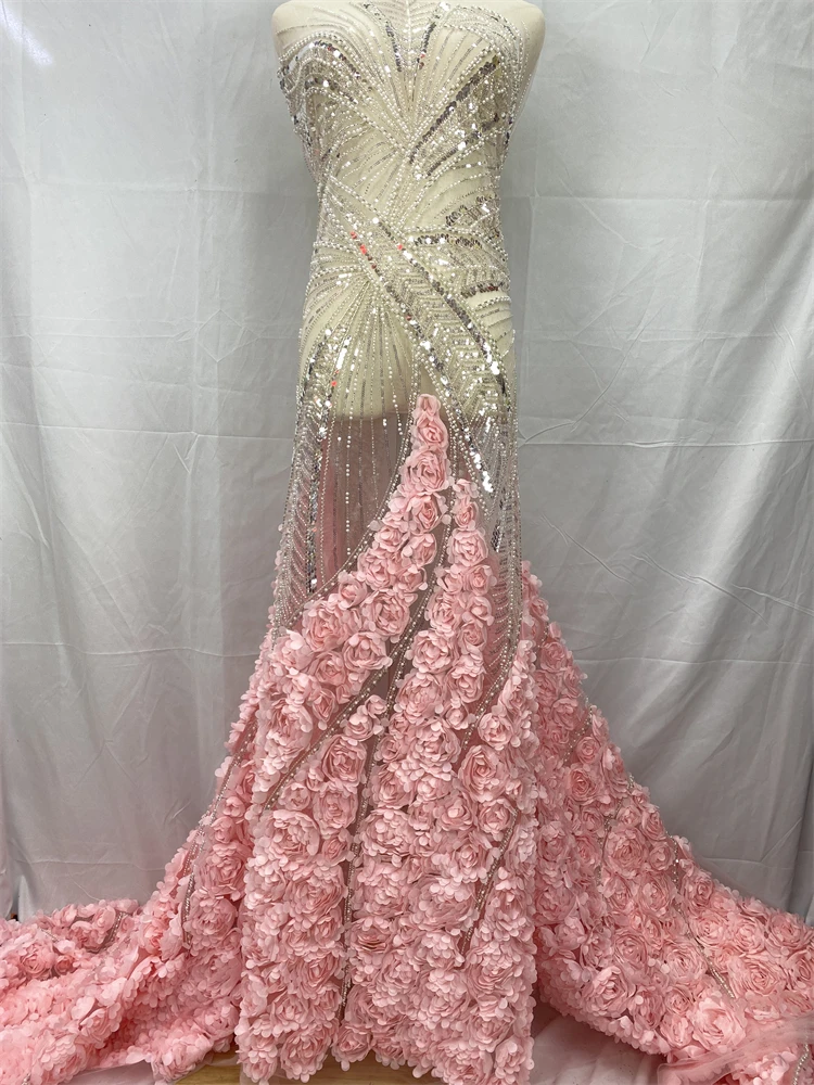 럭셔리 3D 꽃 레이스 원단 최신 스팽글 Tulle 레이스 원단 드레스 봉제를위한 수 놓은 Applique 나이지리아 비즈 원단