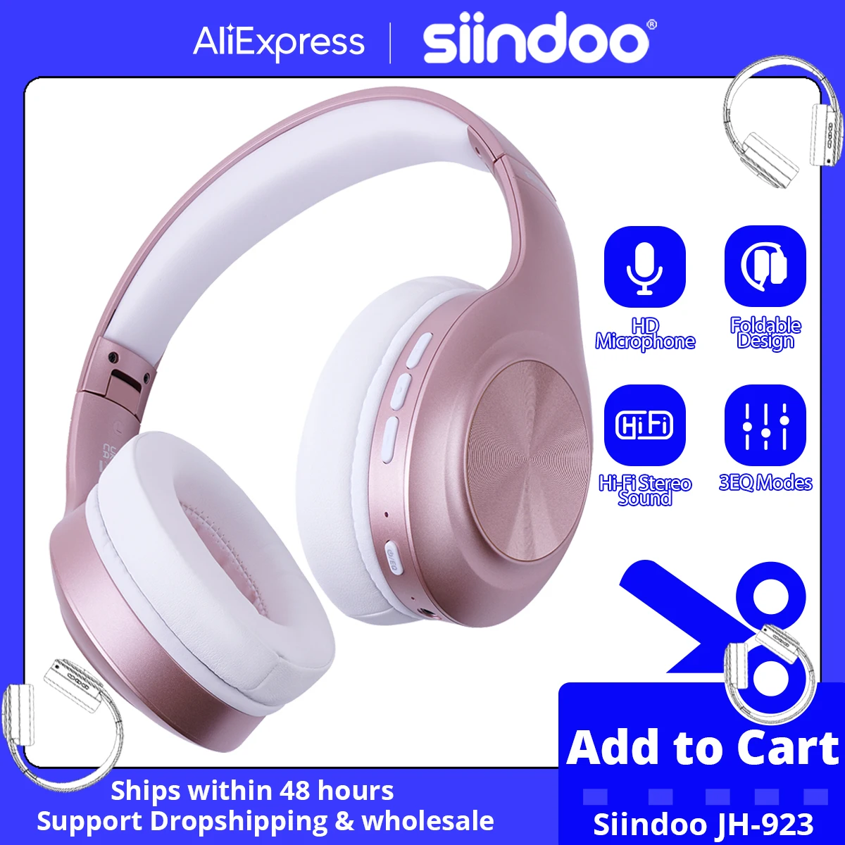 Siindoo JH-923 Foldable Bluetooth Headsets Wireless Headphones Over Ear 3EQ Sound Modes Hi-Res Audio with Mic Deep Bass Rose Red