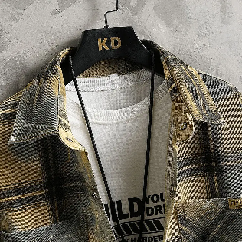 Camisa casual de mangas compridas masculina de alta qualidade padrão de grade jaqueta jeans 2025 primavera outono nova chegada camisas de moda masculina