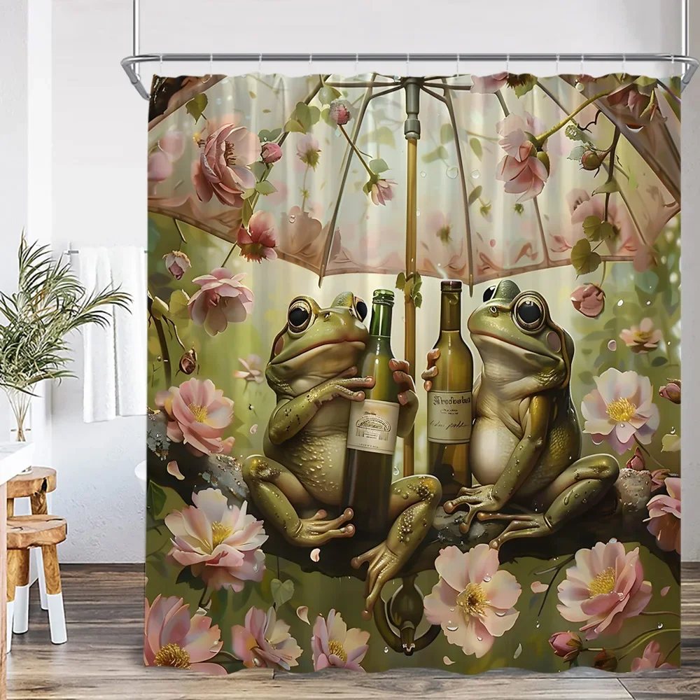 Frog Vintage Mushroom Shower Curtain Rainforest Butterfly Bookshelf Bookstack Library Starry Night Animal Print Bathroom Curtain