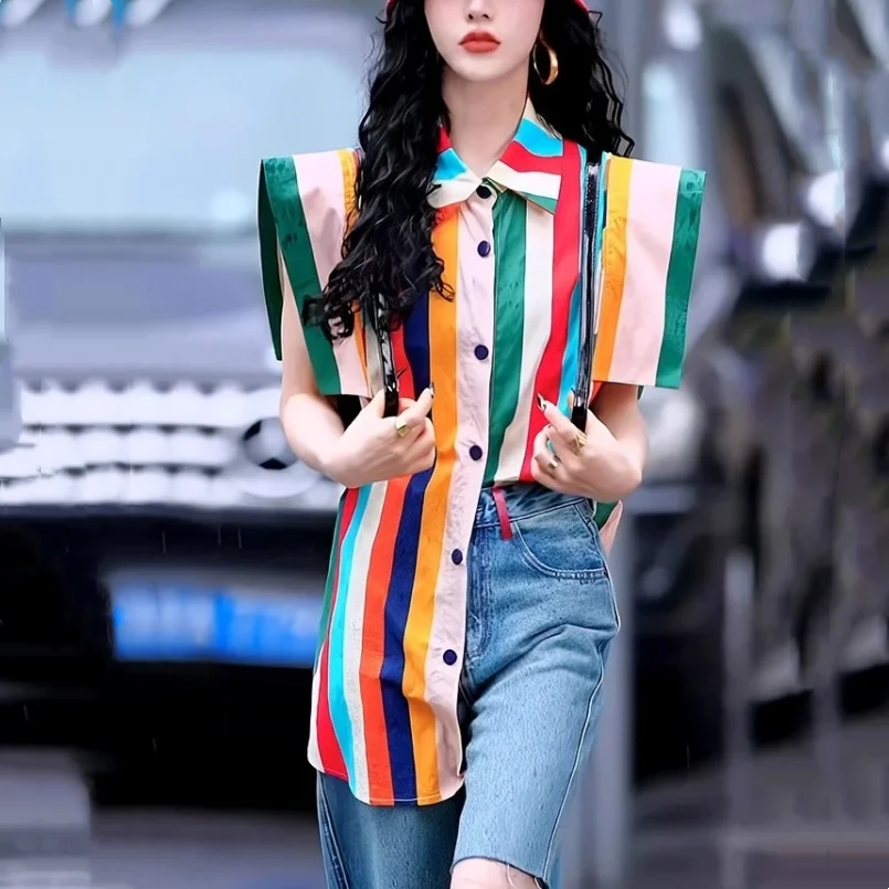 Women Casual Shirts Fly Sleeveless Blouses Colorful Stripped Print Woman Shirts Young Ladies Designer Blouses Street Tops NZ293