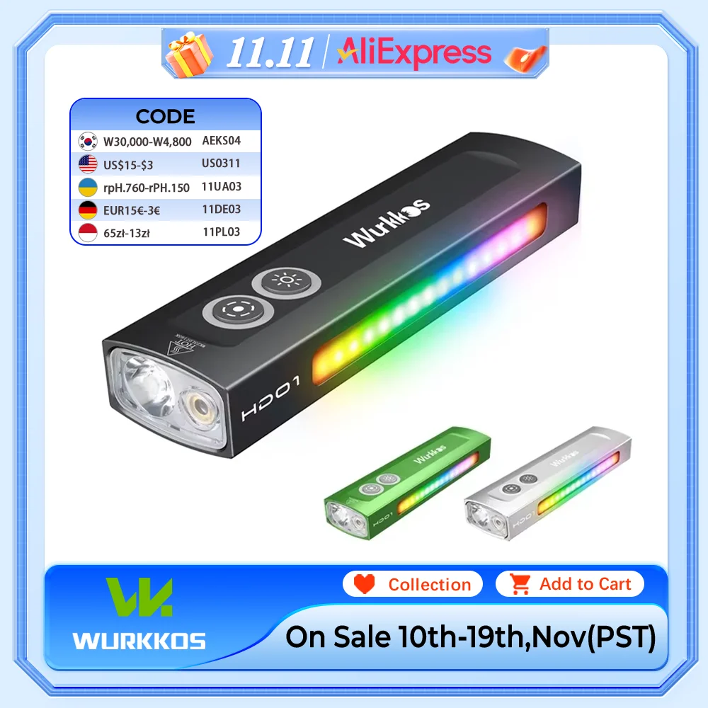 

Wurkkos NEW HD01 Multifunctional Flashlight 1200 LM with Green Light White Light 90CRI Side RGB Lights IP65 Waterproof Hiking
