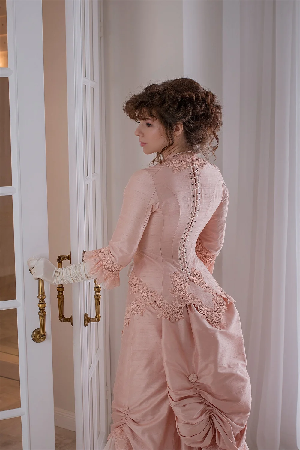 19th Century Renaissance Pink Victorian Bustle Gown Duchess Costume Wedding Dress Vintage Masquerade Ball Gown Edwardian Dress