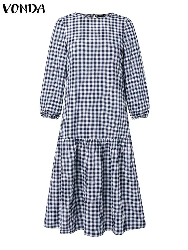 2024 VONDA Bohemian Plaid Sundress Women Autumn O-Neck Long Sleeve Ruffled Maxi Long Dress Elegant Casual Loose Vintage Vestidos