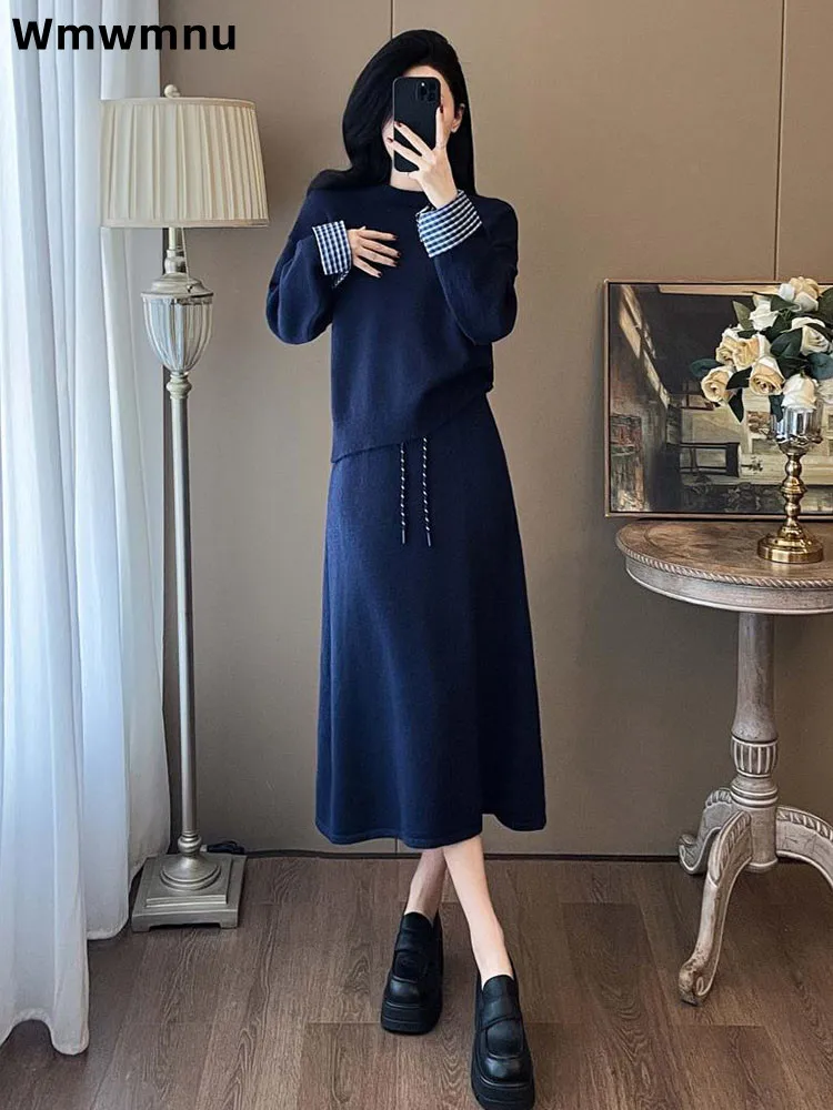 

Женский повседневный вязаный корейский модный мешковатый топ с круглым вырезом Conjuntos, ансамбли, юбка с высокой талией на шнуровке, комплект из 2 предметов, наряды